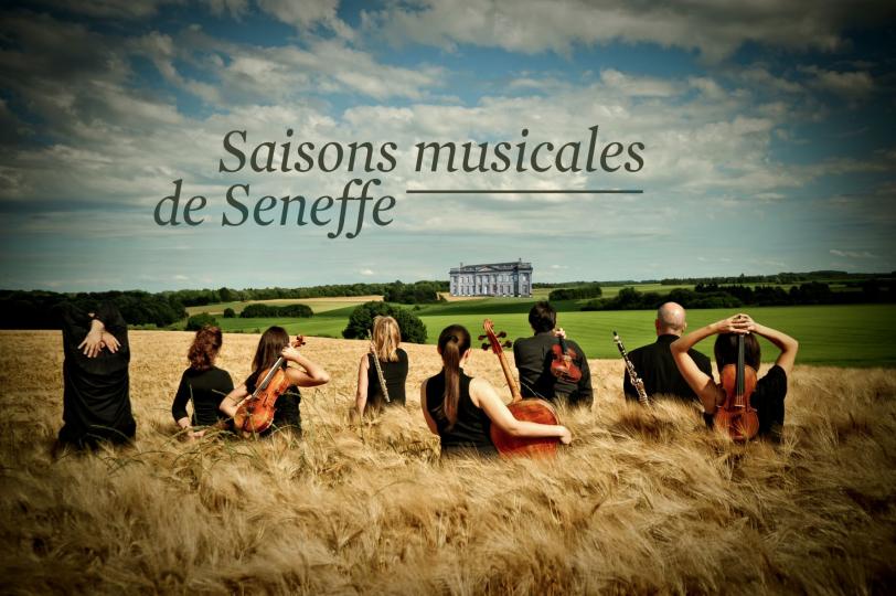 Un champ de blé face à des hectares de verdure, d'arbres et un château. Dans le champ de blé,8 musiciens et musiciennes dos tournés à l'objectif. Ils sont tous habillés en noir et tiennent un violon, une flûte..... C'est l'été