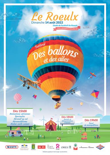 affiche avec montgolfière orange sur ciel bleu, petites avions, cerfs-volants