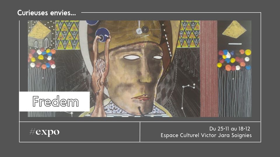 affiche d'un visage d'homme sans yeux , yeux blancs, avec une femme de dos et d'un disque sur sa tête, Fredem, petites formes géométrises de couleur 