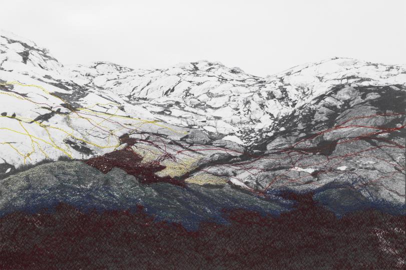 photo argentique paysage dans les gris bleu lignes jaunes et rouge foncé
