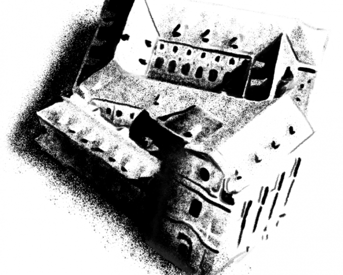 dessin d'un ancien monastère noir sur fond blanc