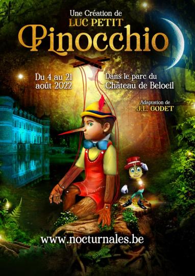 Affiche annonçant le spectacle de Pinocchio à Beloeil. Tons sombres
