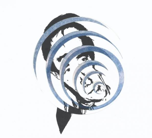 affiche d'une spirale avec un homme derrière en bleu fond blanc