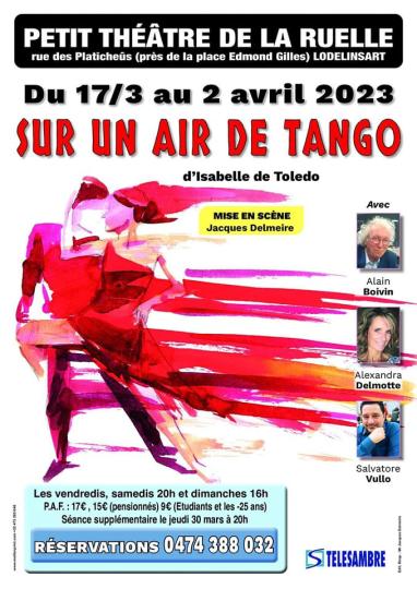 affiche avec deux silhouettes rouges qui dansent et trois petites photos sur un air de tango
