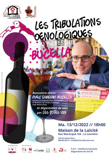 affiche photo d'un homme à lunettes accoudé sur des livres bouteille de vin verres tire-bouchon 
