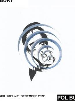 affiche blanche avec un dessin noir de Pol Bury derrière une spirale grise