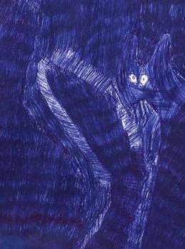 peinture abstraite dans les tons bleus formes blanches chat bonhomme de profil 