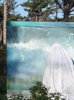 photo d'une  grand peinture bleu clair avec une personnes couverte d'un drap blanc dans une forêt de pins
