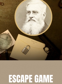 Affiche avec des objets anciens et vielle photo en cercle noir et blanc d'un homme longue barbe blanche sur fond brun , enveloppe , cadenas , vielles photos