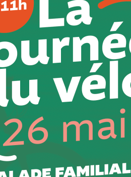affiche verte et orange avec des lignes pointillées blanche journée du vélo