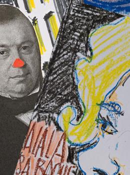 dessin enfantin avec une tête d'homme en noir et blanc à nez rouge, tête de femme cheveux jaunes