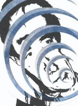 affiche d'une spirale avec un homme derrière en bleu fond blanc