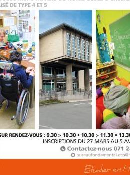 affiches avec trois photos une d'un enfant dans une chaise roulante de dos, un bâtiment et un tableau d'école