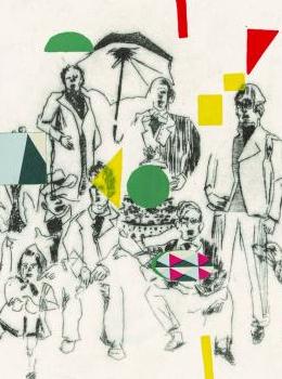 dessin de personnages, chien , parapluie en noir et blanc, formes géométrique rouges, vertes, jaunes, pas