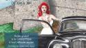 affiche d'un dessin d'une femme sexy debout près d'une voiture ancienne et devant les remparts de Binche